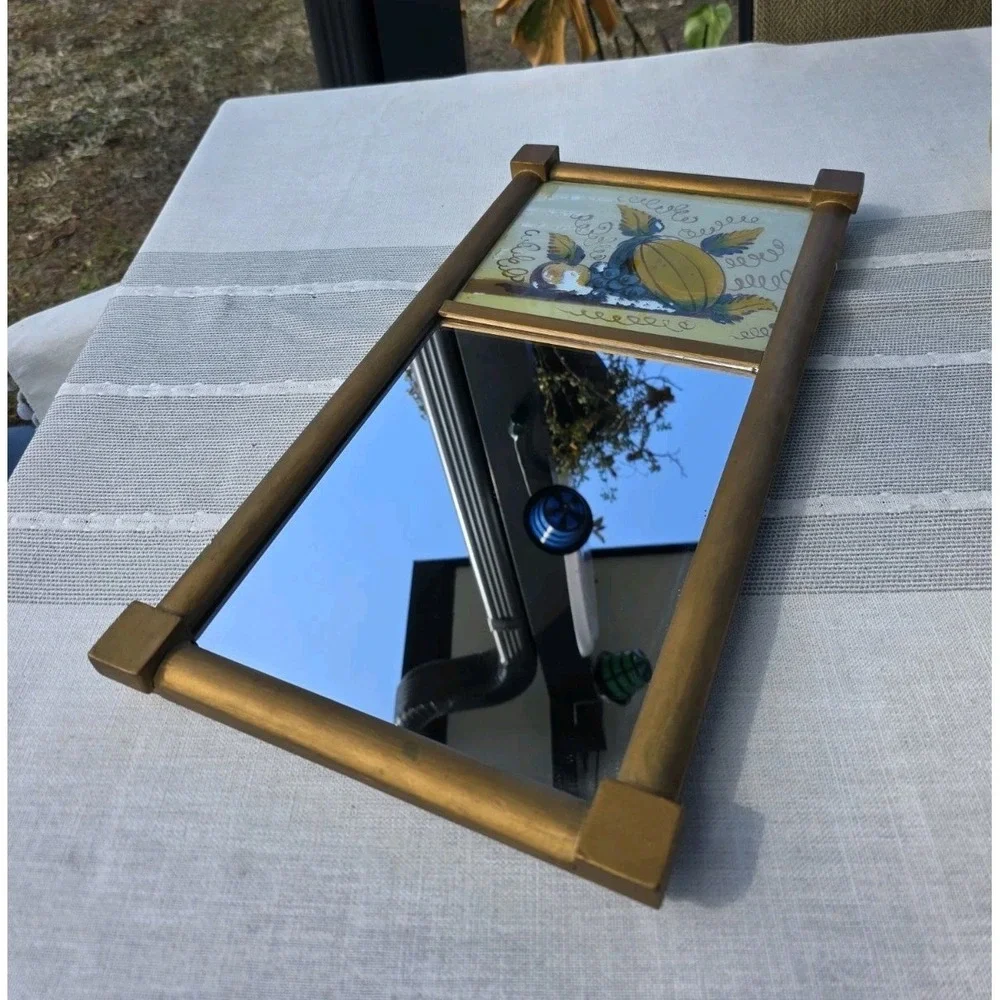 VTG 10x19.5 Gold Wood Wall Mirror Reverse Painted‎ Fruit Rustic Cottage